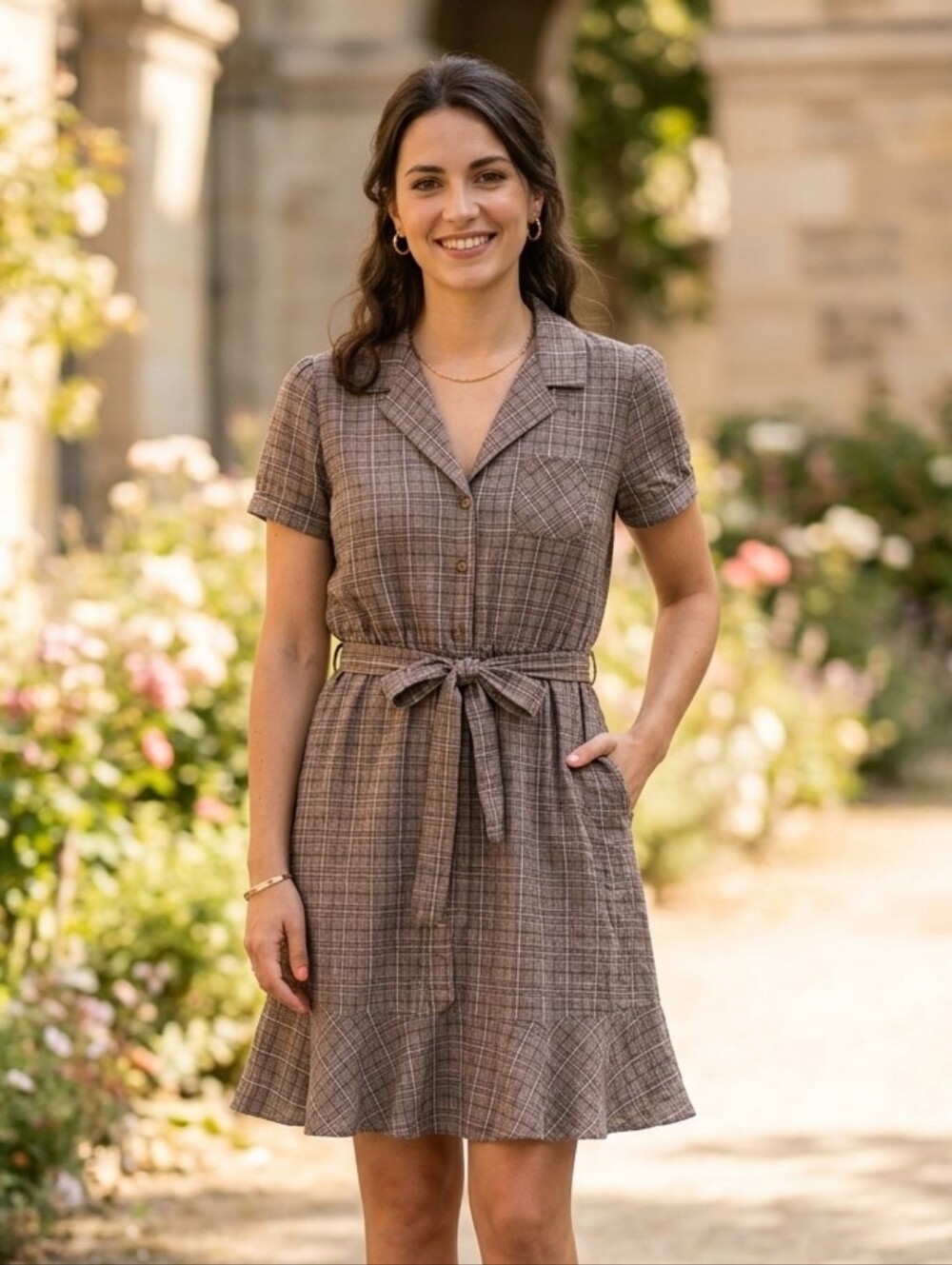 Plaid Short-Sleeve Mini Dress Ruffle Hem Cottagecore Dark Academia Preppy L
